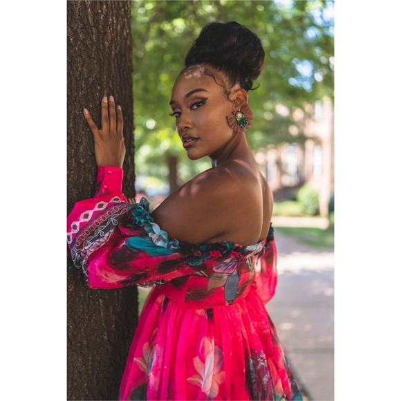 Floral queen goddess pink blue fuchsia bustier corset long sleeve maxi dress M 6 - Picture 4 of 6